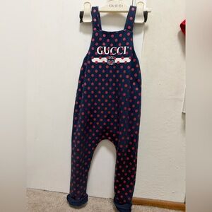 Gucci Blue and Red Polka Dot Overalls